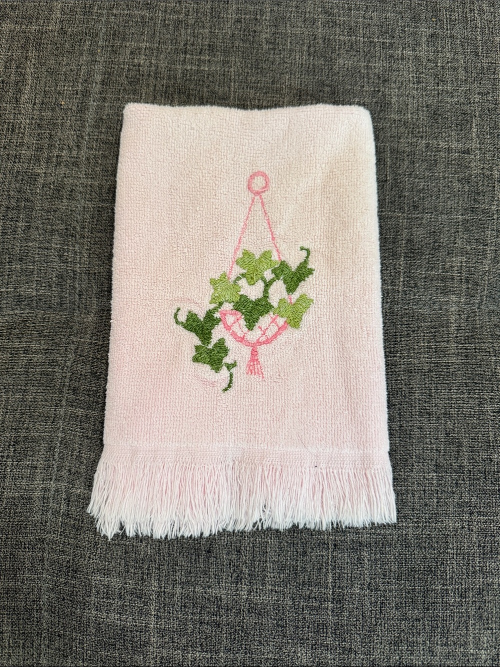 Vintage Ames Pink Embroidered Hanging Plant Fringe Hand Towel Cottagecore